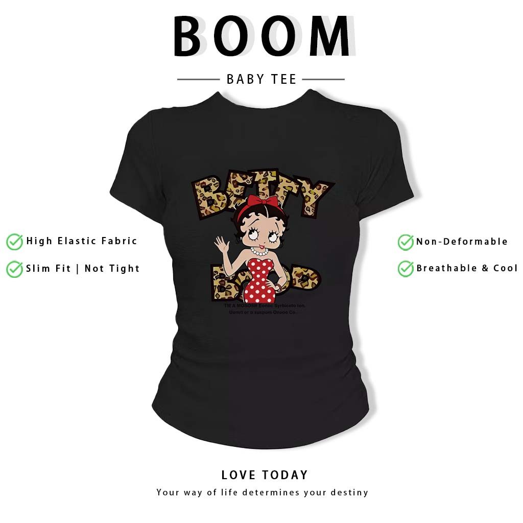 BOOM Áo Baby Tee Nữ Cotton Ôm Body-Áo Thun Ngắn Tay Y2K In Hình PhongCách Mùa Hè, Cổ Tròn Hàng Đầucách hàn quốc phongW31
