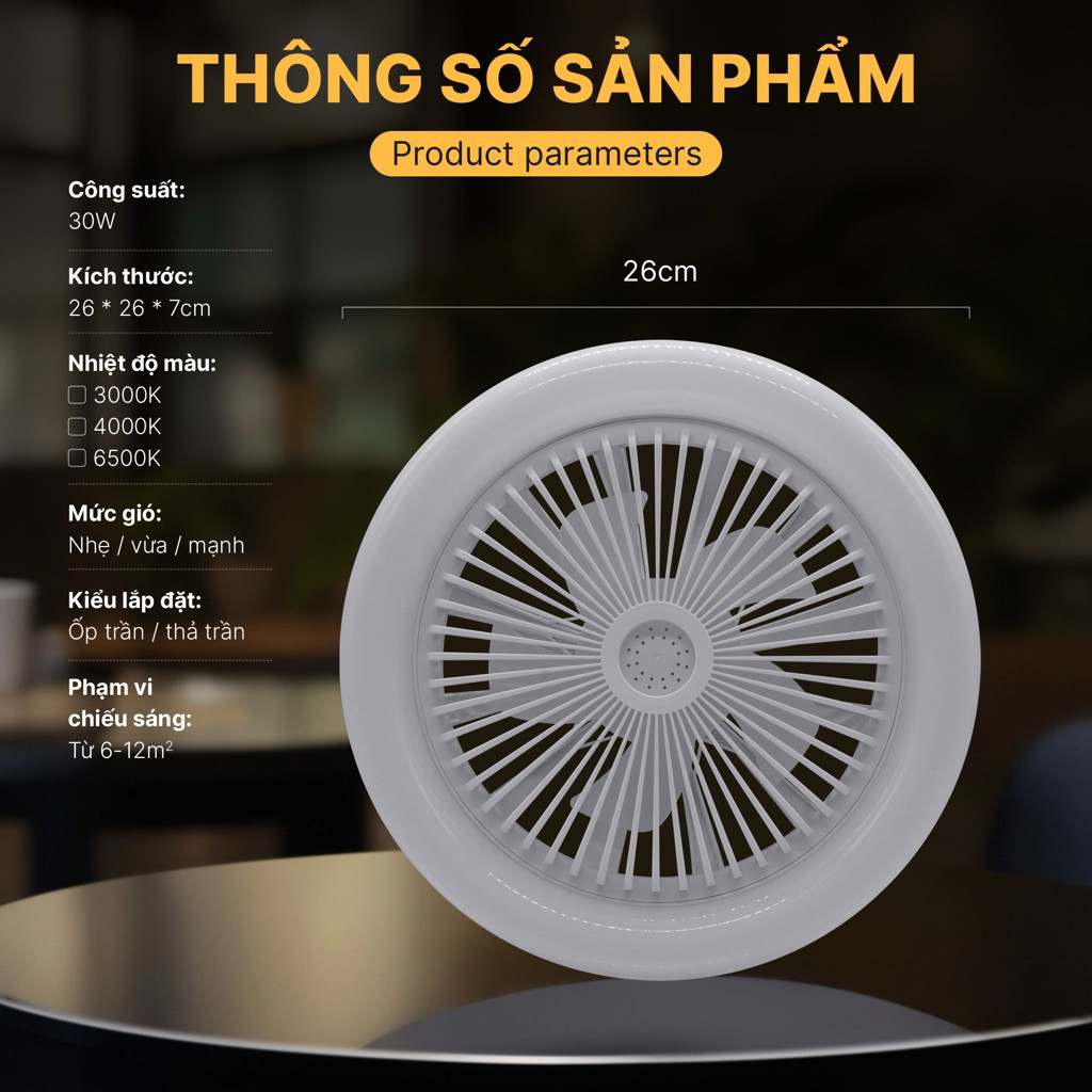 Quạt trần đèn LED 3 chế độ phát sáng, tiết kiệm điện, điều khiển từ xa kèm viên nén hương khử mùi