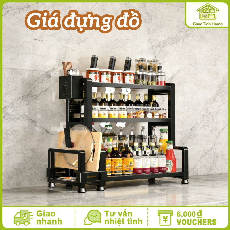 Giá Đựng Gia Vị Kệ Bếp 3 Tầng Đa Năng Inox Kèm Ống Đũa Kệ Để Dao Thớt Móc Treo Khay Hứng Nước Cho Nhà Bếp