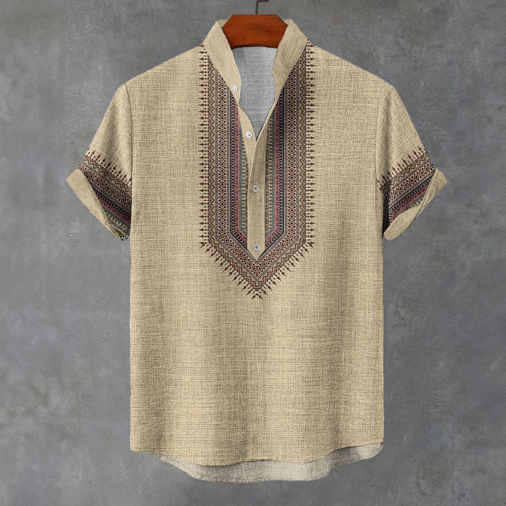 Áo sơ mi nam phong cách dân tộc, tay ngắn, họa tiết vintage oversize, phù hợp dạo phố