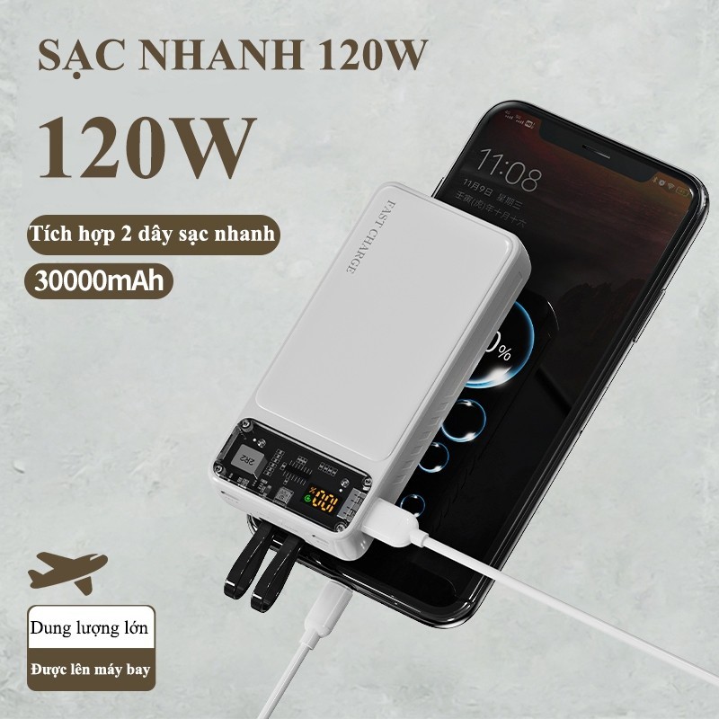 Sạc dự phòng 30000mAh sạc nhanh 22.5W 2 dây tích hợp màn hình LED tương thích mọi thiết bị