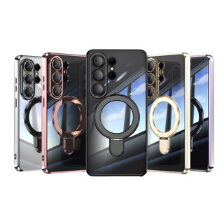 Giá đỡ mạ điện Vỏ điện thoại từ tính có màng ống kính thủy tinh cho Samsung Galaxy S26 S25 S24 Plus Ultra FE Edge Chống rơi Bảo vệ nút kim loại Vỏ đơn giản thời trang