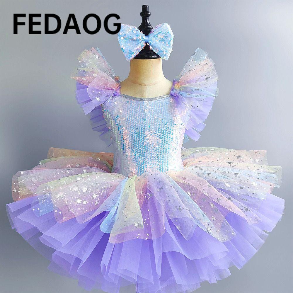 Đầm múa ba lê trẻ em FEDAOG, Đầm dự tiệc Sequin Ballet Tutu, Quần áo biểu diễn hiện đại phồng thời trang trẻ em