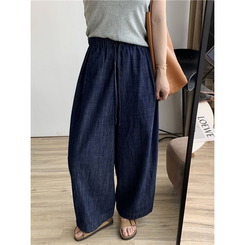 quần ống rộng Quần crop thường ngày có dây rút màu xanh