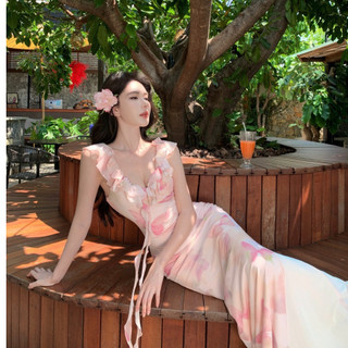 Đầm không tay in hình bướm phong cách kỳ nghỉ cho nữ mùa hè thanh lịch, đầm dài kiểu nàng tiên cá