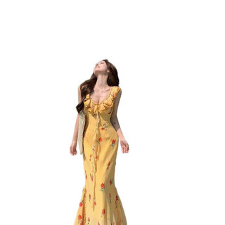 Đầm dây cổ V hoa vàng phong cách Pháp cho nữ, đầm dài ôm sát mùa hè trẻ trung quyến rũ
