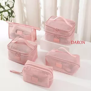 Túi trang điểm cầm tay DARON Mesh, Túi đựng mỹ phẩm lưới trong suốt có dây kéo di động, Hộp đựng mỹ phẩm nhẹ vuông dung tích lớn thông thường Phòng tắm