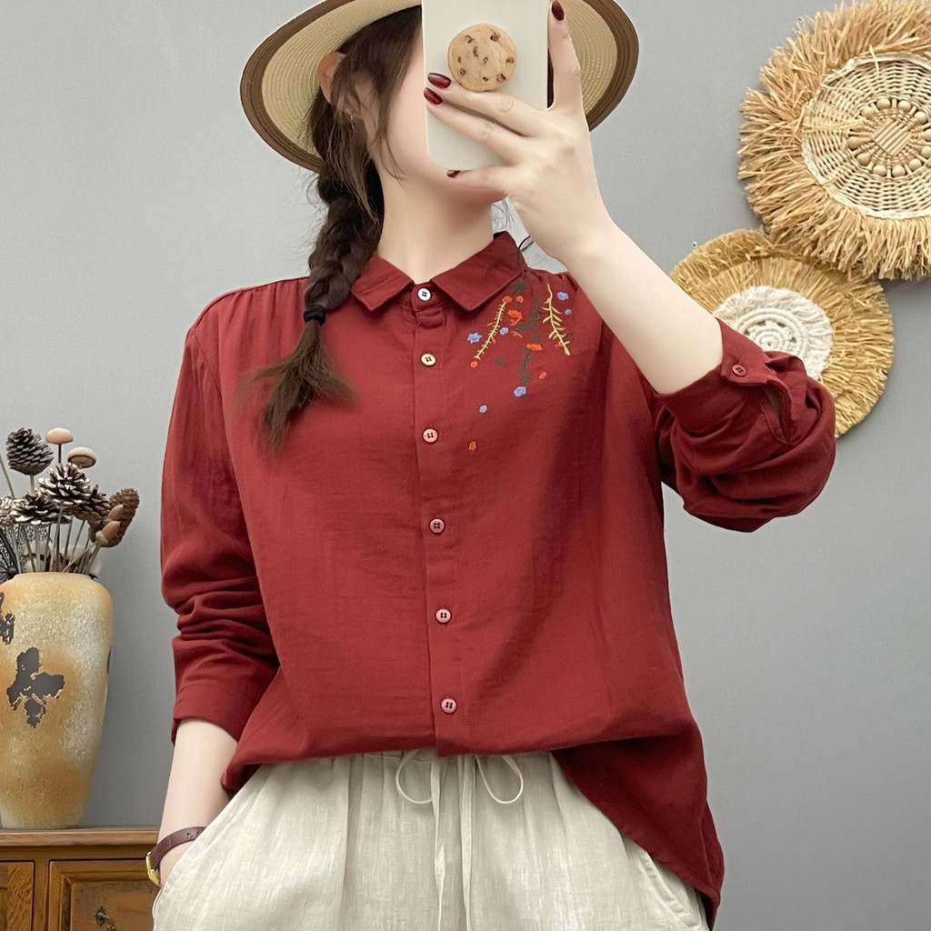 Áo sơ mi nữ cotton cổ nhọn thêu hoa, dáng rộng, thoáng khí cho mùa xuân