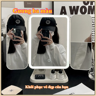 Gương để bàn trang điểm cao cấp có đèn, Gương Makeup Có đèn led 3 chế độ ánh sáng -