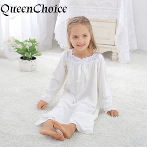 Bé Gái Phong Cách Công Chúa Màu Trắng Chắc Chắn Dài Tay Đồ Ngủ Trẻ Em Cotton Váy Ngủ