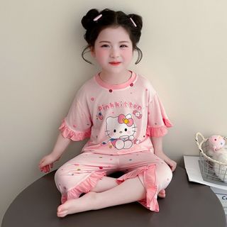 Bộ đồ ngủ cho bé gái – Cotton mềm mỏng, thoáng khí, Kitty dễ thương, áo ngắn + quần lửng bèo