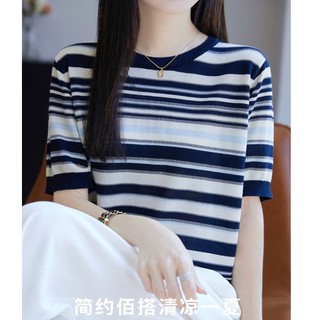 Áo sơ mi tay ngắn sọc dệt kim nữ, cổ tròn, phù hợp đi làm mùa hè