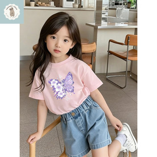 Áo thun in hình bướm phong cách retro dành cho bé gái, kiểu dáng thường ngày, dễ phối đồ và thoáng khí, cổ tròn.