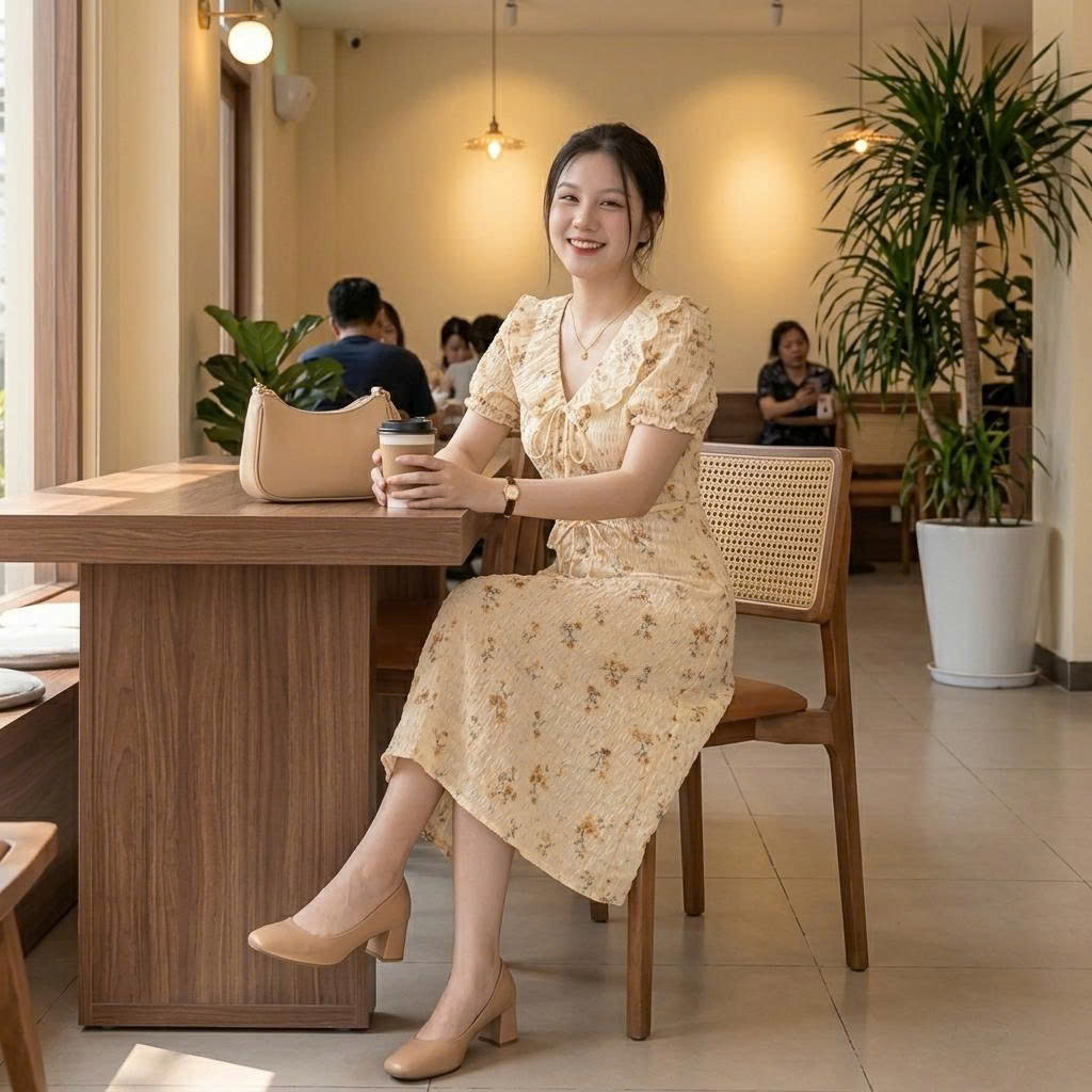 Váy hoa nhí dáng dài phối cổ bèo đi biển siêu xinh Linh Tây.Clothing - V001