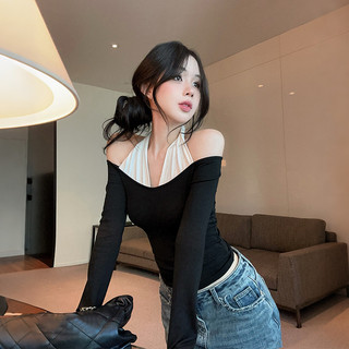 Áo thun nữ dài tay trễ vai phối màu, cổ yếm, chi tiết nhún bèo, dáng ôm, giả lớp.