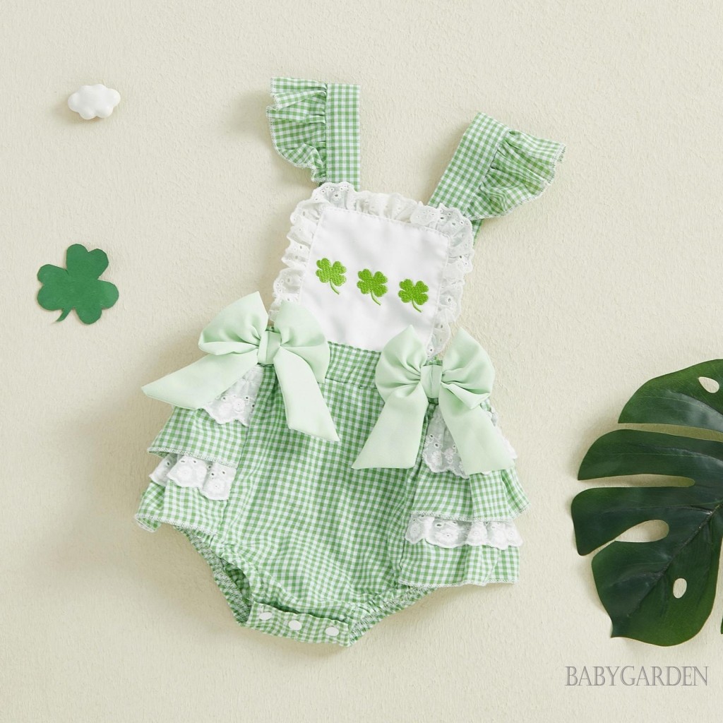 Bộ áo liền quần bé gái Ireland dễ thương Shamrock thêu tay bay kẻ sọc áo liền quần