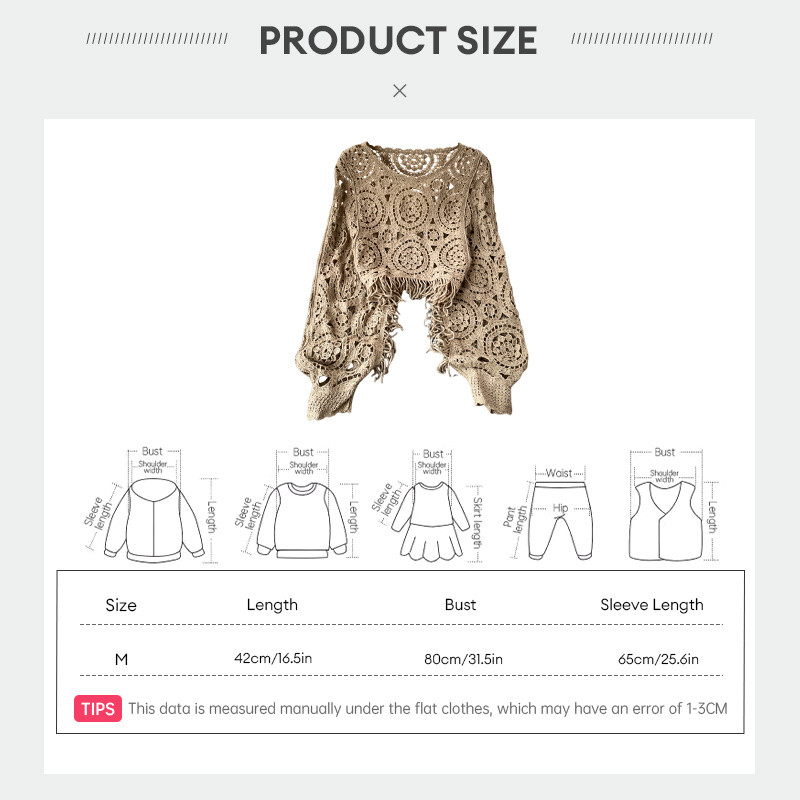 【dynamar】Áo len móc ren cổ điển dành cho nữ, tay cánh dơi, có tua rua, dáng rộng, tay dài, kiểu croptop.