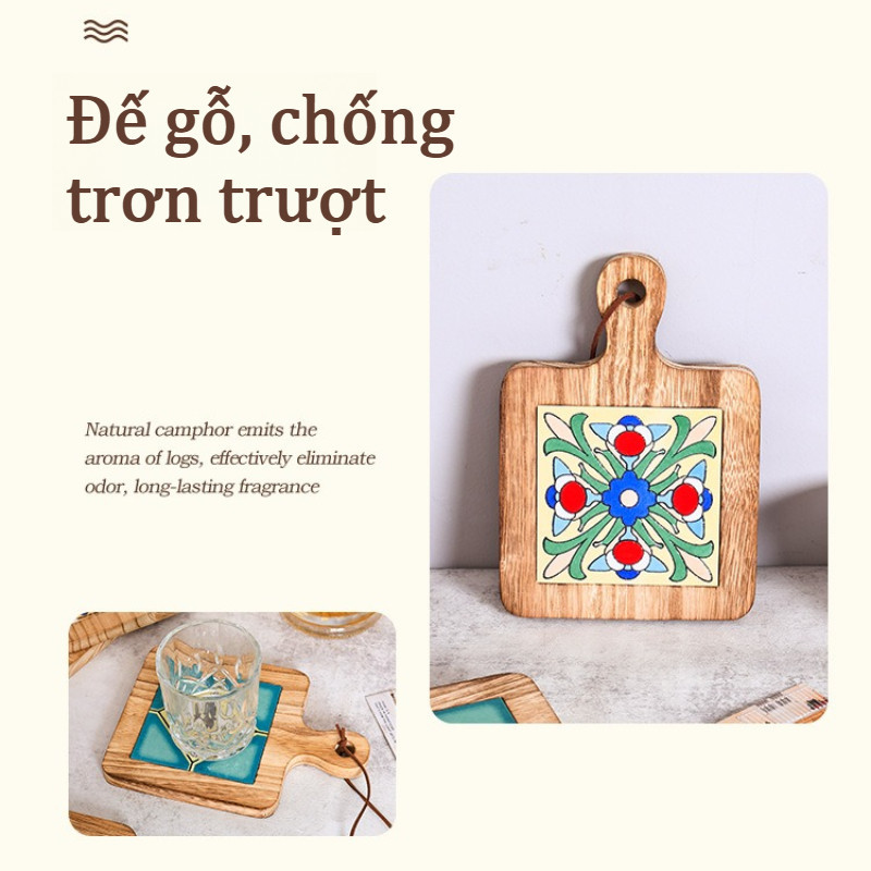 Lót nồi gỗ tự nhiên màu nâu cách nhiệt tốt,Miếng Lót Nồi Chống Trượt Chịu Nhiệt Tốt, Có Dây Treo,lót ly họa tiết hoa