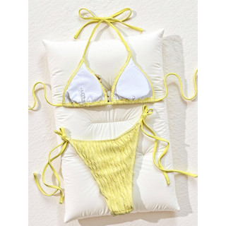 Đồ bơi nữ dây màu vàng cổ chữ V hai mảnh Bikini Đồ bơi