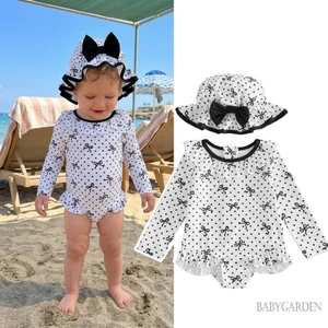 6M-4Y Trẻ Em Bé Gái Đồ Bơi Nơ Chấm In Bikini Tay Dài Có Mũ Đồ Bơi Cho Tắm Mùa Hè