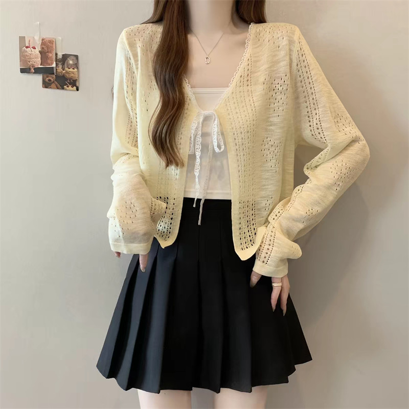 SUXI Mùa hè mới dành cho nữ màu trơn nhẹ nhàng đơn giản Áo dệt kim buộc dây đơn giản 260415