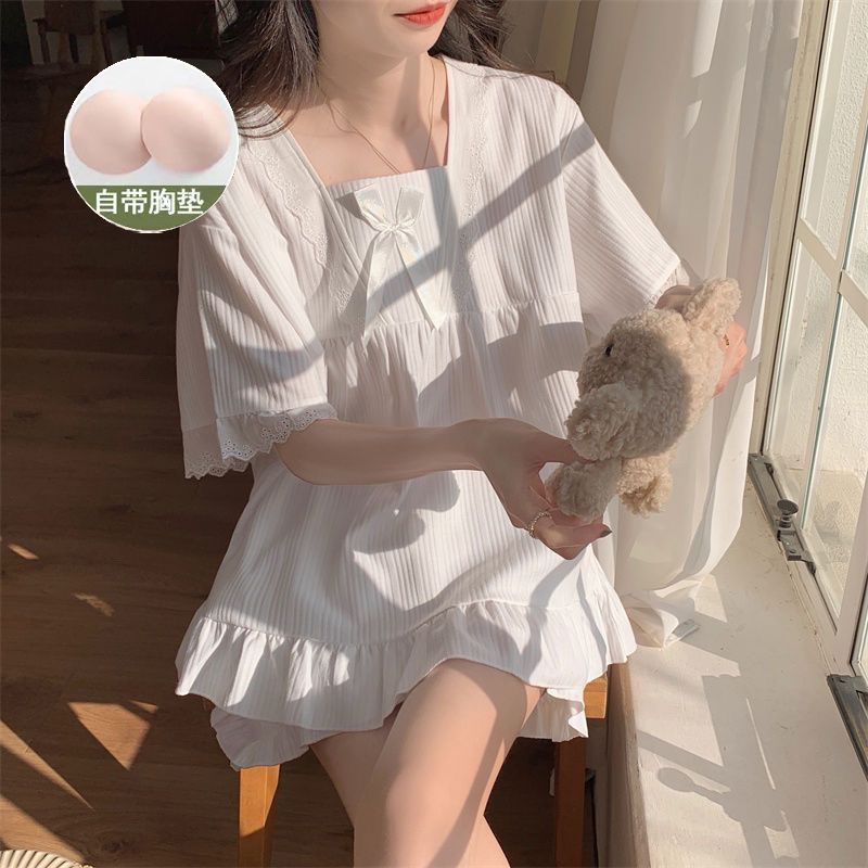 Ren Có Miếng Lót Ngực Bộ Đồ Ngủ Nữ Phù Hợp Với Cô Gái Dễ Thương Ngọt Ngào Ngắn Tay Quần Short Loungewear Có Thể Mặc Bên Ngoài
