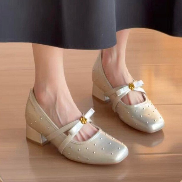 Thời Trang Hàn Quốc Mũi Vuông Cao Cấp Mary Jane Giày PU Nữ Chống Trơn Trượt Chống Mài Mòn Tính Khí