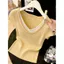 Áo len ngắn tay thêu màu vàng kiểu Pháp, phù hợp mùa hè, form slim-fit