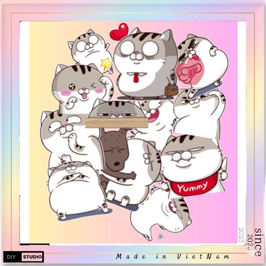 Bộ sticker mèo ami bụng bự trang trí mũ bảo hiểm, đàn, guitar, ukulele, điện thoại laptop