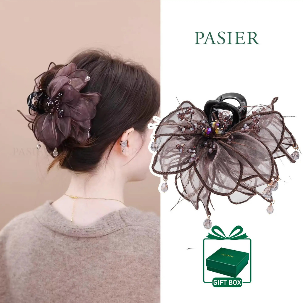 PASIER Kẹp tóc càng cua nữ organza nhiều lớp hình cánh hoa, đính pha lê giọt nước thanh lịch kèm hộp quà FB3270