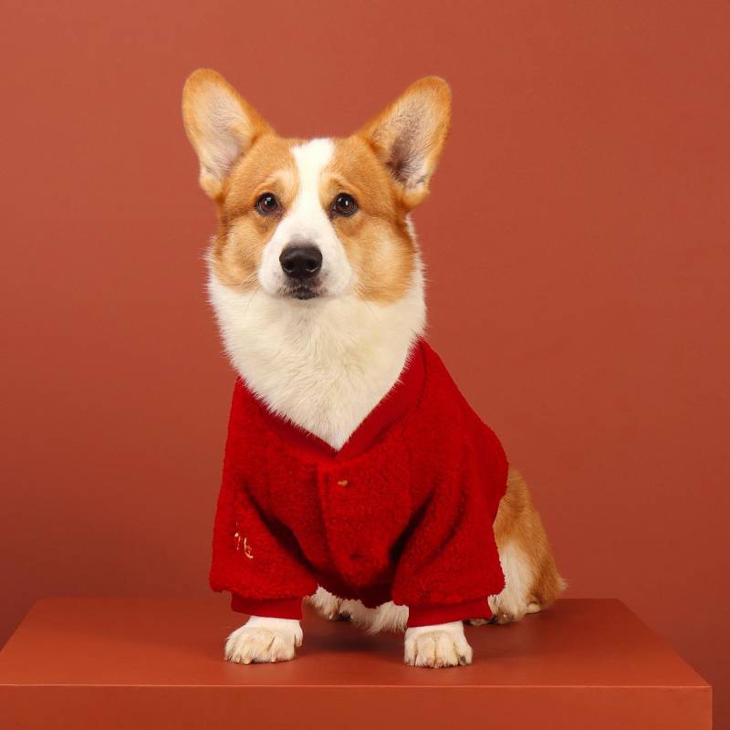 【Ready Stock】 Pet Dog New Year Clothes Autumn and Winter Shiba Inu Corgi Medium-Sized Dog Winter Fleece-Lined Warm Festive Chinese New Year Celebration Coat lbL7