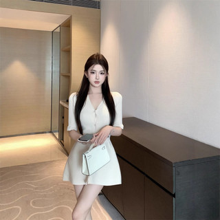 Đầm ngắn tay dệt kim màu mơ kiểu Pháp chất lượng cao, thanh lịch, đầm ngắn cổ V, eo thon, đầm A-line