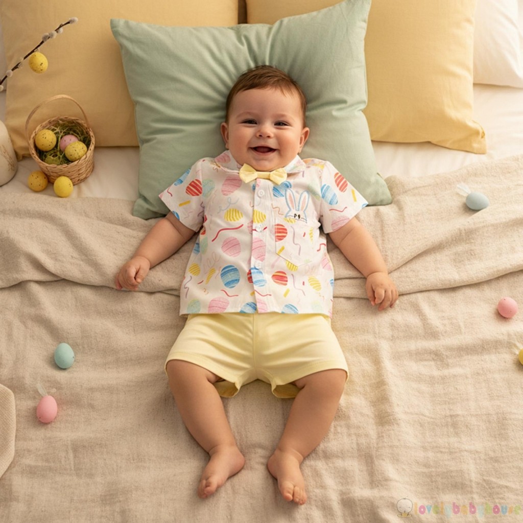 LBH-Toddler Bé Trai Trứng Phục Sinh Họa Tiết Thỏ Nút Xuống Áo Sơ Mi Tay Ngắn Có Quần Short Bộ 2 Chiếc