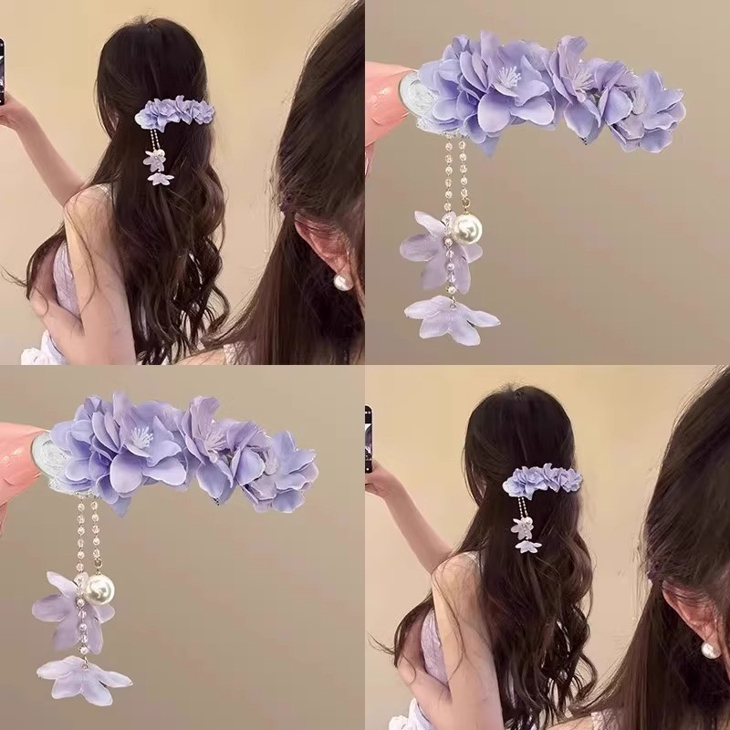 Kẹp Tóc Handmade Vải Camellia Nhiều Lớp Pleat với Ngọc Trai và Họa Tiết Hoa Mỏ Vịt