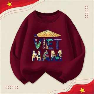 Áo nỉ dài tay cổ tròn mỏng nhẹ, thoải mái, dáng rộng, đa năng, in hình cờ Việt Nam màu đỏ tía dành cho bé trai.