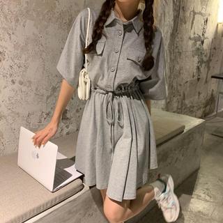 Plus Size Đầm Mùa Hè Plus Kích Thước Váy Ngắn Cổ Áo polo Dây Rút Eo Hẹp Mỡ mm1-150kg Rời Ôm Hơn Nhìn Tay Ngắn Giảm Tuổi Đầm Plus Size Nữ