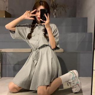 Plus Size Đầm Mùa Hè Plus Kích Thước Váy Ngắn Cổ Áo polo Dây Rút Eo Hẹp Mỡ mm1-150kg Rời Ôm Hơn Nhìn Tay Ngắn Giảm Tuổi Đầm Plus Size Nữ