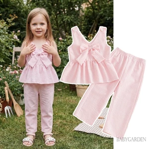 Bộ 6M-4Y Trẻ Em Bé Gái Không Tay Nơ Phía Trước Áo + Quần Quần Quần Áo Mùa Hè
