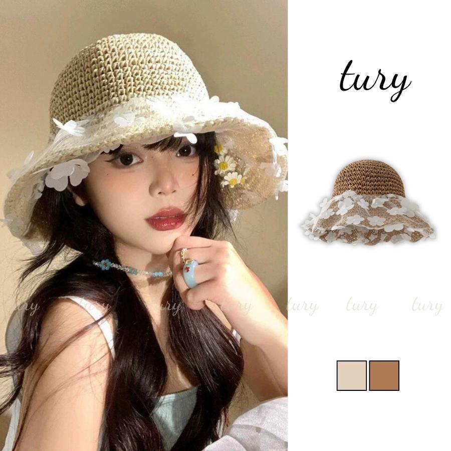 Nón Cói Nữ - Tury - Nói Cói Mềm Đi Biển Phối Ren Hoa Trắng - NC112
