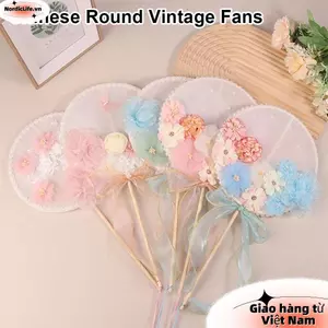 NORDICLIFE 1 Chiếc Quạt Tròn Trung Quốc, Hoa Bướm Tay Cầm Dài Vintage Quạt, Vải Phong Cách Retro Quạt Trang Trí Nhà Cửa Trang Trí