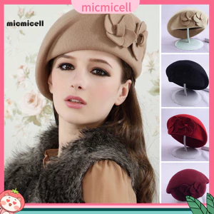 Mũ beret hoa kép thanh lịch cổ điển, giữ ấm cho thu đông, phù hợpwear ngoài trời