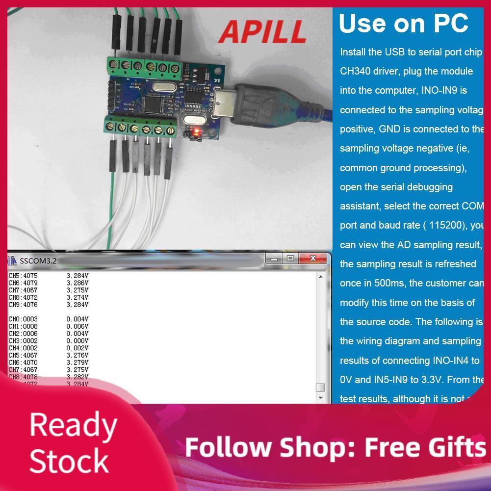 apill Giao diện mô-đun ADC thu thập dữ liệu USB mini Giao diện 10 kênh 12Bit STM32