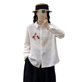 Áo sơ mi nữ cotton thêu mùa xuân, form skinny