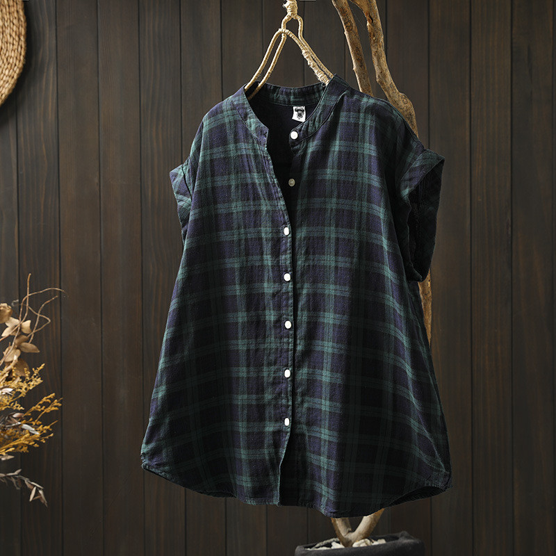 Quần áo mùa hè nữ phong cách Nhật Bản - Áo sơ mi cotton sọc kẻ tay ngắn thoáng mát