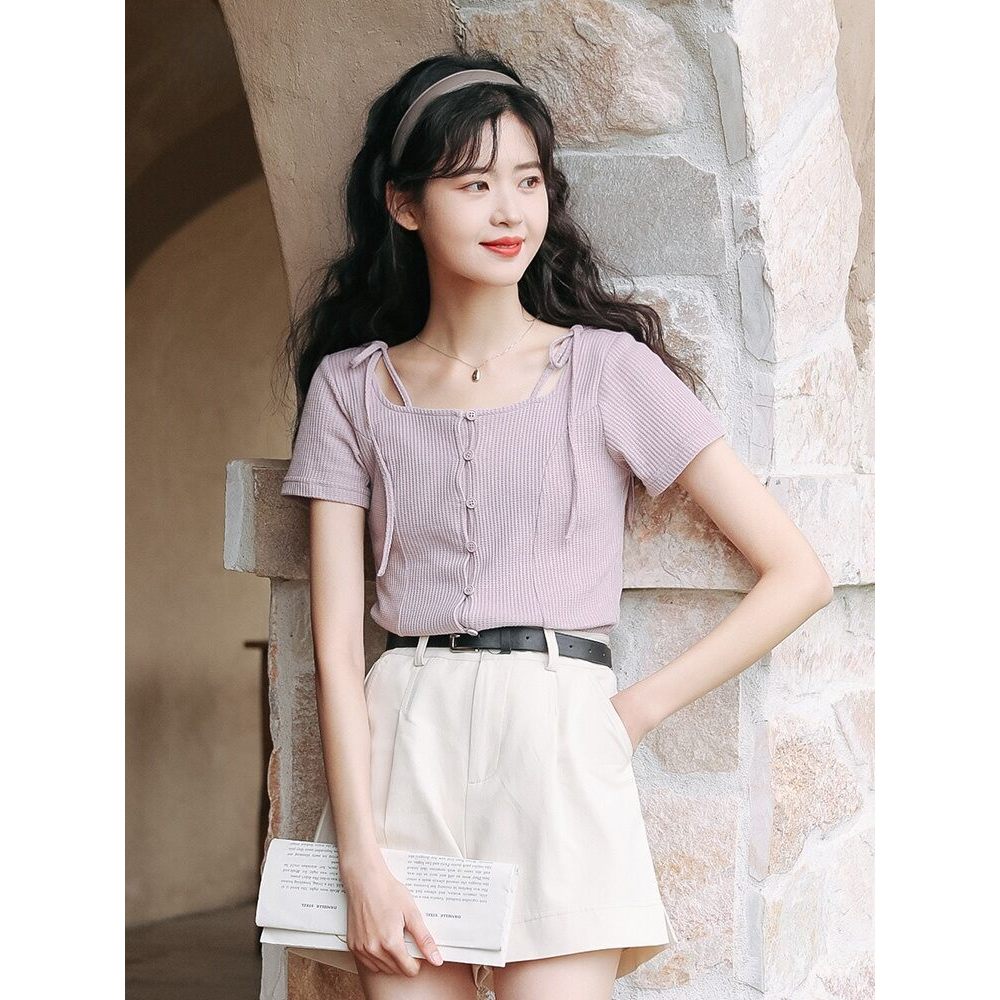 Mutu áo thun nữ phong cách Hồng Kông, ngọt ngào và cá tính, thiết kế slim-fit, phù hợp mùa hè