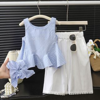 Bộ đồ cho bé gái – Áo sát nách kẻ caro phối quần lửng, kèm băng đô dễ thương, phong cách Hàn hè