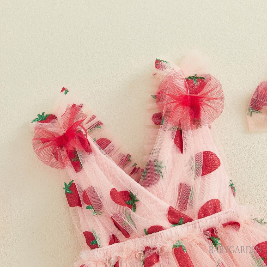 Bộ trang phục bé gái sơ sinh không tay cổ chữ V lấp lánh Váy vải tuyn in hình dâu tây và băng đô nơ