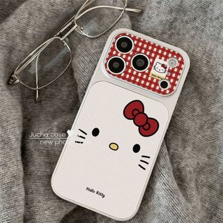 Phim hoạt hình dễ thương Kẻ sọc đỏ Nơ Hellokitty Vỏ điện thoại da trắng mạ điện cho iPhone 17Promax 17Pro 12 13 14 15 16 Pro Max 11 Vỏ di động nữ chống sốc