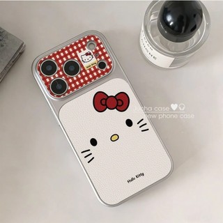 Phim hoạt hình dễ thương Kẻ sọc đỏ Nơ Hellokitty Vỏ điện thoại da trắng mạ điện cho iPhone 17Promax 17Pro 12 13 14 15 16 Pro Max 11 Vỏ di động nữ chống sốc