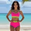 Bộ bikini thể thao nữ với áo ngực không tay, cổ chữ V màu tương phản và quần cạp cao, phù hợp cho tập luyện và nghỉ dưỡng.